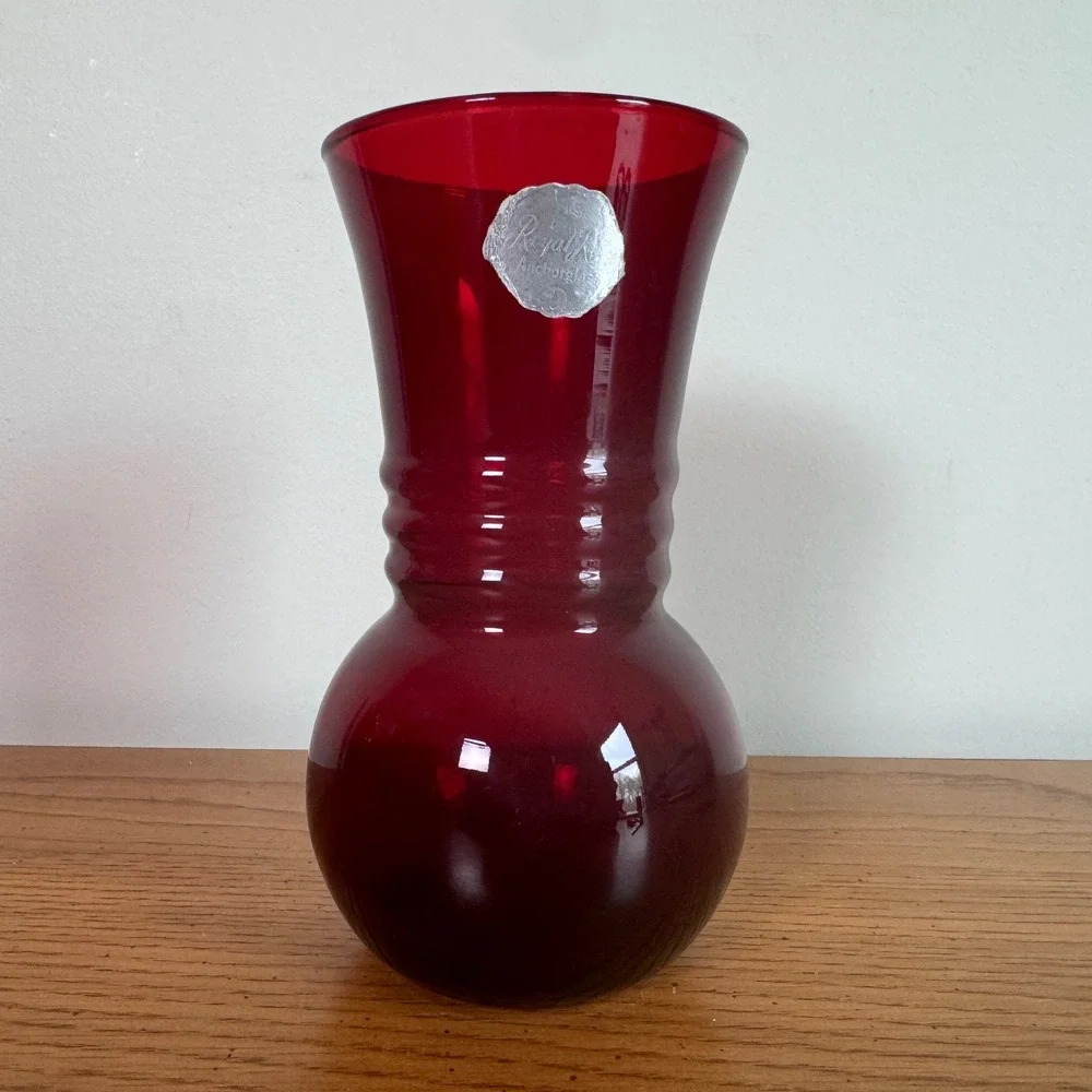 Anchor Hocking Royal Ruby Red Glass Vase Ringed Neck‎ Vintage MCM